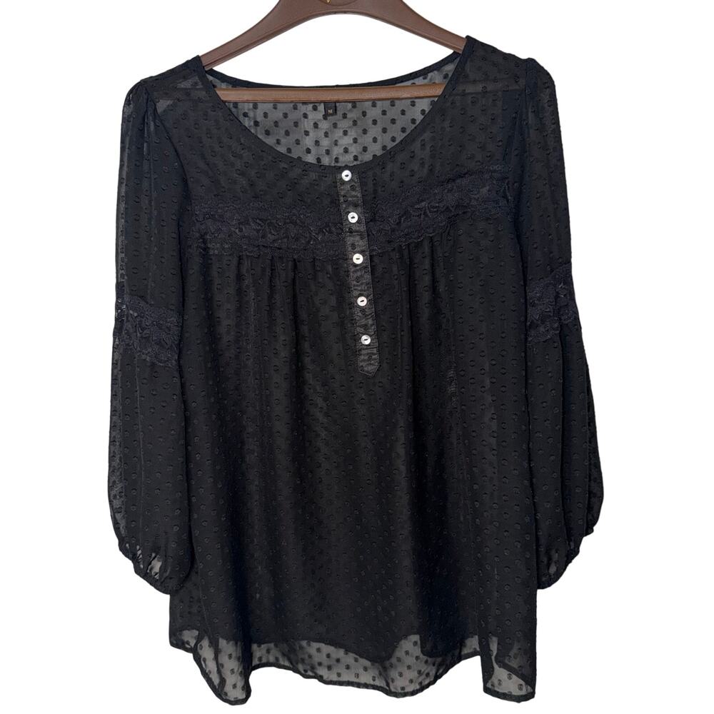 Peridot Sheer Black Polka Dot Lace Long Sleeve Button Baby Doll Top Size Medium